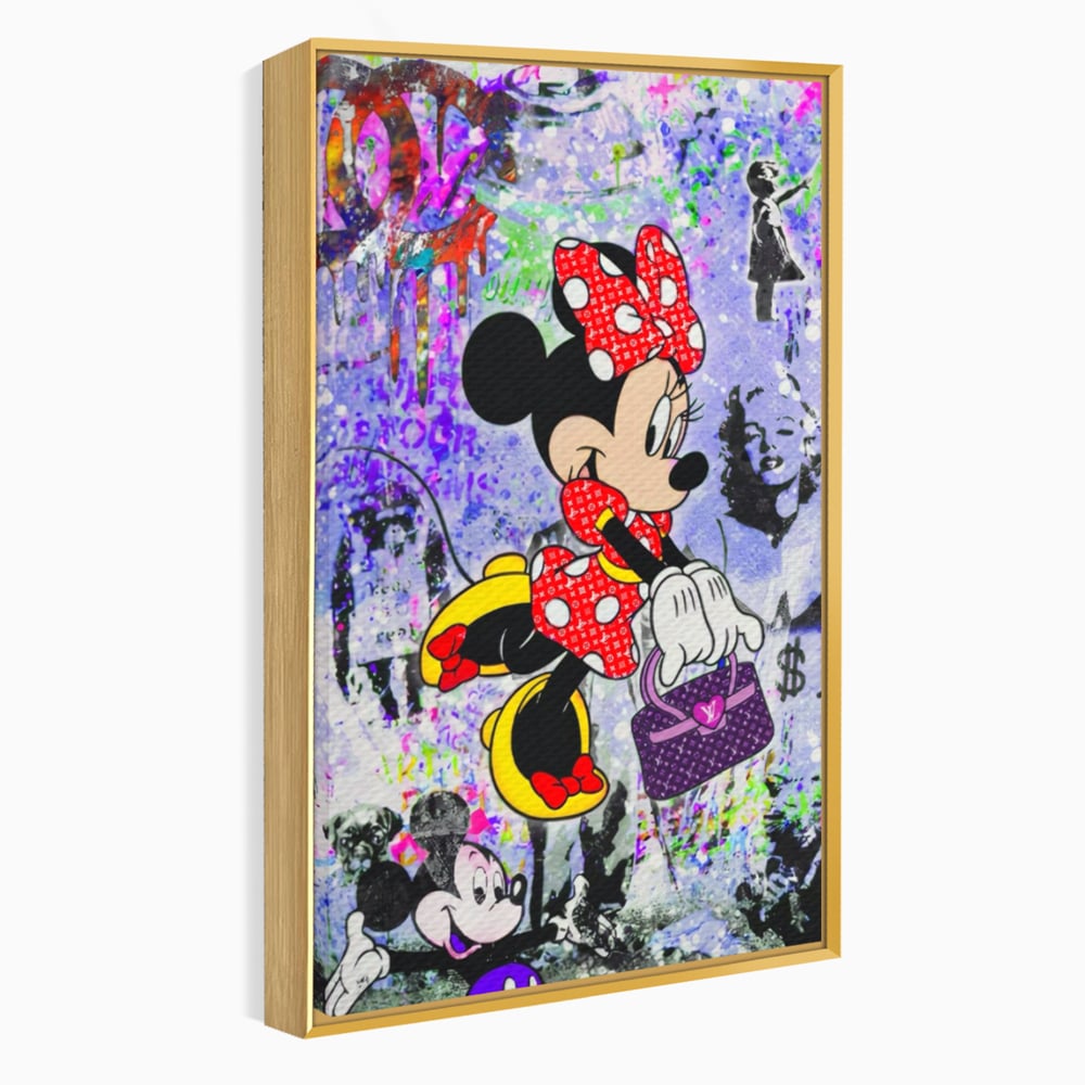 Tablou canvas cu tablou canvas cu minnie mouse stil pop art, in rama de aluminiu auriu